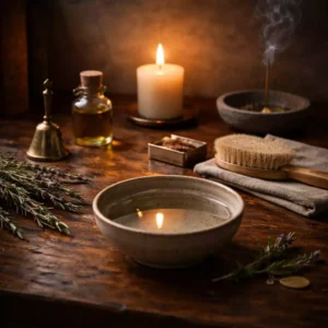 Beginner witchcraft altar corner with water bowl, candle, herbs, and bell.