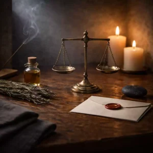 Brass scale with herbs and ritual oil in a witchcraft study alcove