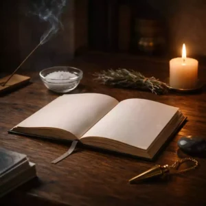 Wooden table with witchcraft beginning tools such as a candle, incense, herbs, and simple divination tools in soft moonlit light