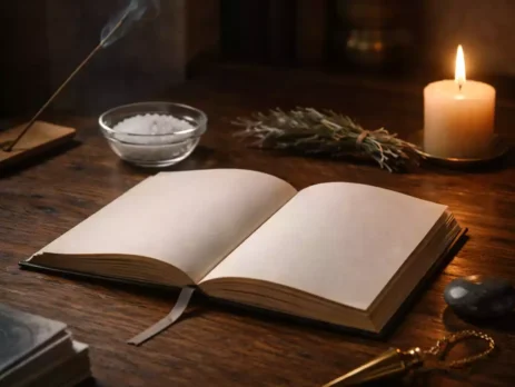 Wooden table with witchcraft beginning tools such as a candle, incense, herbs, and simple divination tools in soft moonlit light