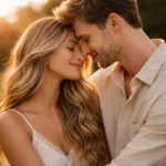 Couple at golden hour with foreheads touching and soft smiles, expressing calm, mutual love and emotional safety.
