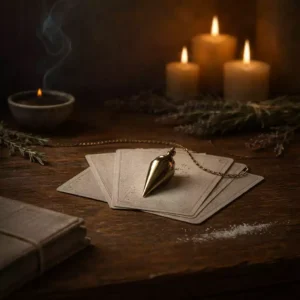 Divination tools on dark wood altar with pendulum, incense, herbs, and candles