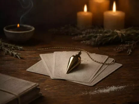 Divination tools on dark wood altar with pendulum, incense, herbs, and candles