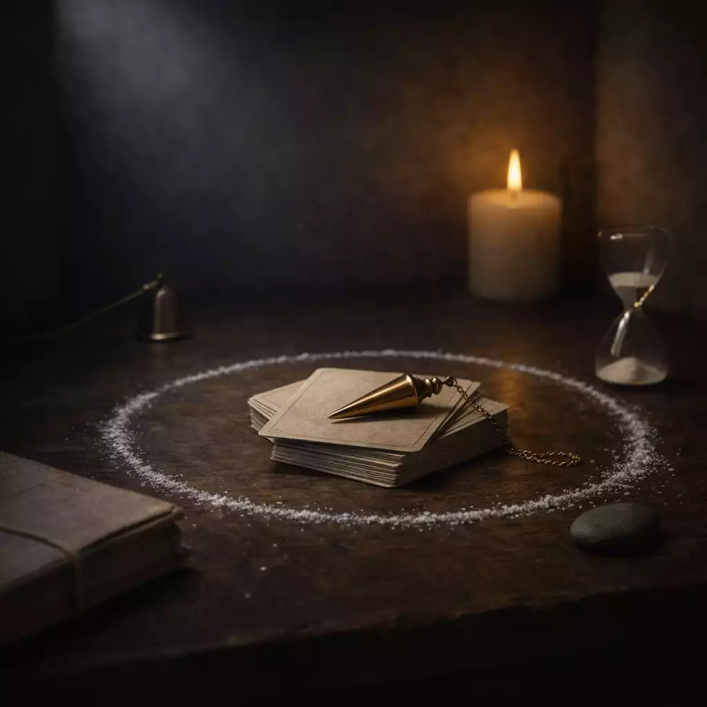 A ring of salt encircles a resting pendulum and stacked card backs, with a candle snuffer, hourglass, and closed journal nearby.