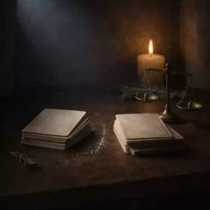 Two misaligned card stacks beside a small balance scale and a single candle in a dark stone alcove.