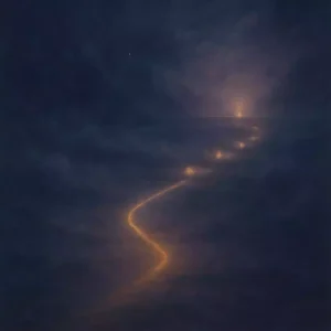 A twilight pathway of soft golden light forming through mist, with small glowing points suggesting gradual progress between casting and manifestation.