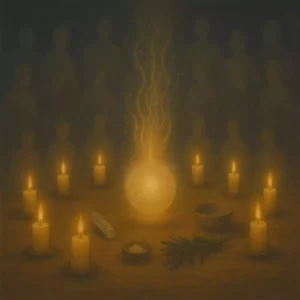 Candlelit ritual circle with symbolic coven energy and glowing central light representing professional spiritual cleansing.