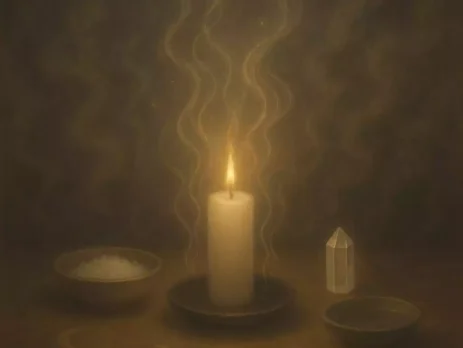 Candlelit ritual scene with salt, water, and glowing energy representing spiritual cleansing and renewal.