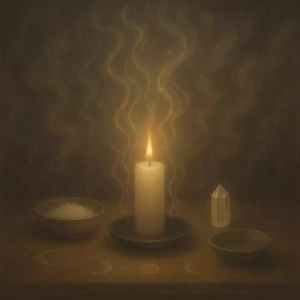 Candlelit ritual scene with salt, water, and glowing energy representing spiritual cleansing and renewal.