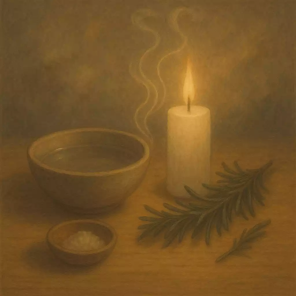 Simple cleansing ritual with candle, water, salt, and herbs symbolizing daily spiritual renewal.