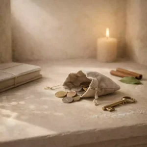 A sunlit linen pouch spilling a few coins beside a brass key, with a closed ledger, bay leaf, cinnamon, and a small candle in a stone alcove.