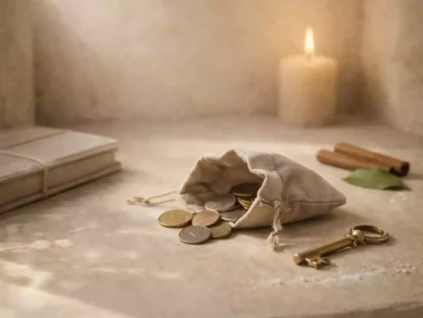 A sunlit linen pouch spilling a few coins beside a brass key, with a closed ledger, bay leaf, cinnamon, and a small candle in a stone alcove.