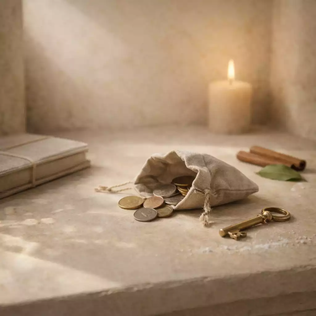A sunlit linen pouch spilling a few coins beside a brass key, with a closed ledger, bay leaf, cinnamon, and a small candle in a stone alcove.