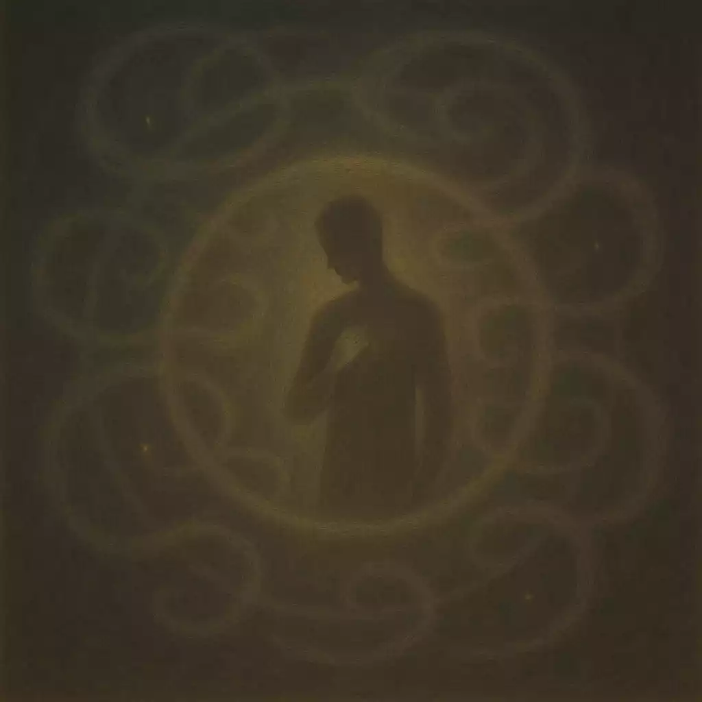 Human silhouette surrounded by looping shadow patterns symbolizing karmic relationship cycles and emotional lessons.