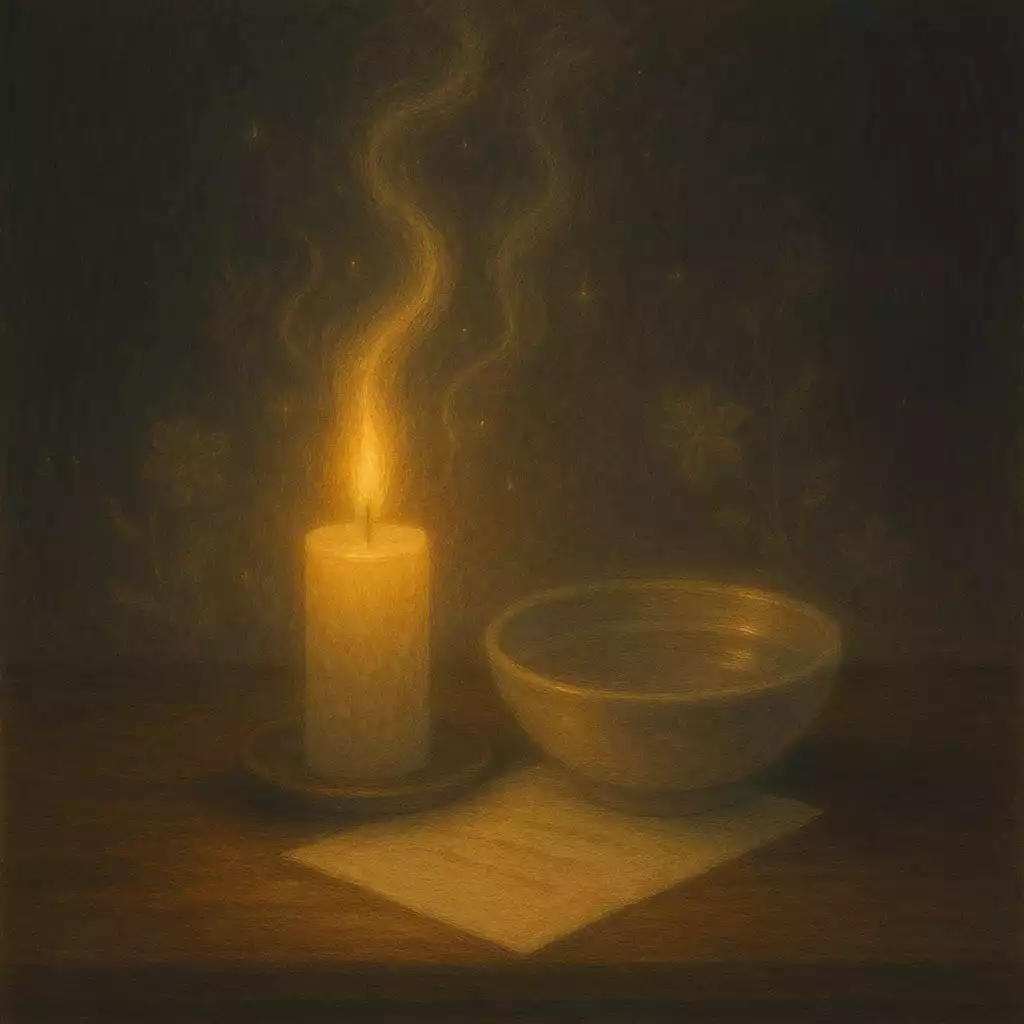 Candlelit ritual with water and parchment symbolizing seeking clarity and understanding a relationship.