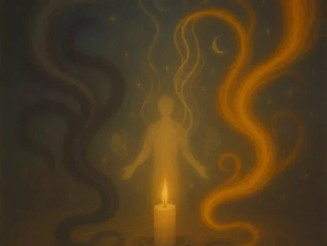 Three intertwined streams of energy symbolizing karmic, soulmate, and twin-flame relationships around a central silhouette.