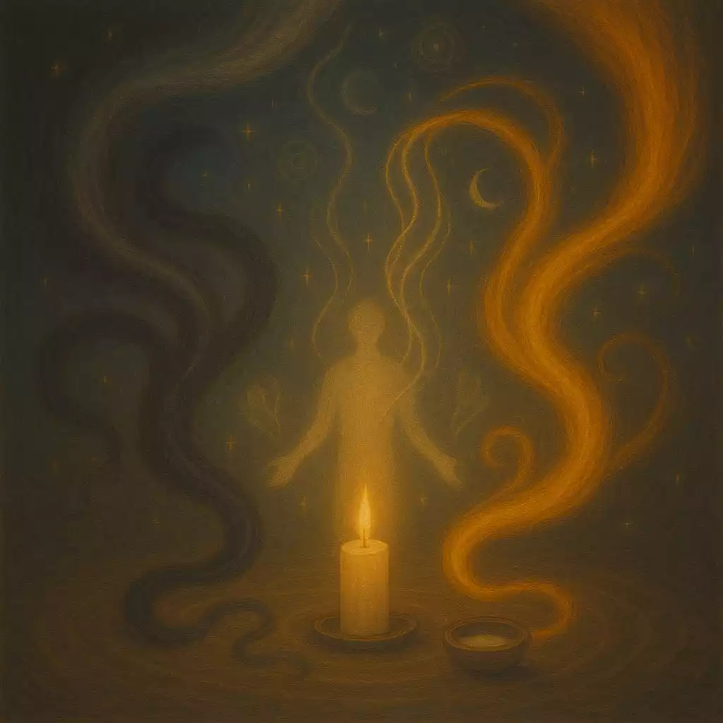 Three intertwined streams of energy symbolizing karmic, soulmate, and twin-flame relationships around a central silhouette.