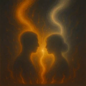 Two mirrored figures outlined in light with spiraling flames symbolizing twin-flame intensity, mirroring, and spiritual transformation.