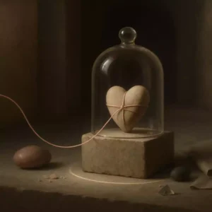 Heart-shaped stone wrapped in pale rose string under a glass cloche on a stone plinth with a thin boundary ring of light