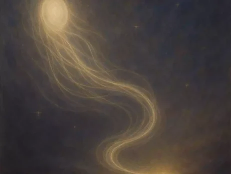 Soft luminous stream of light guided forward toward a warm glow, symbolizing visualization directing spell energy to a clear outcome.