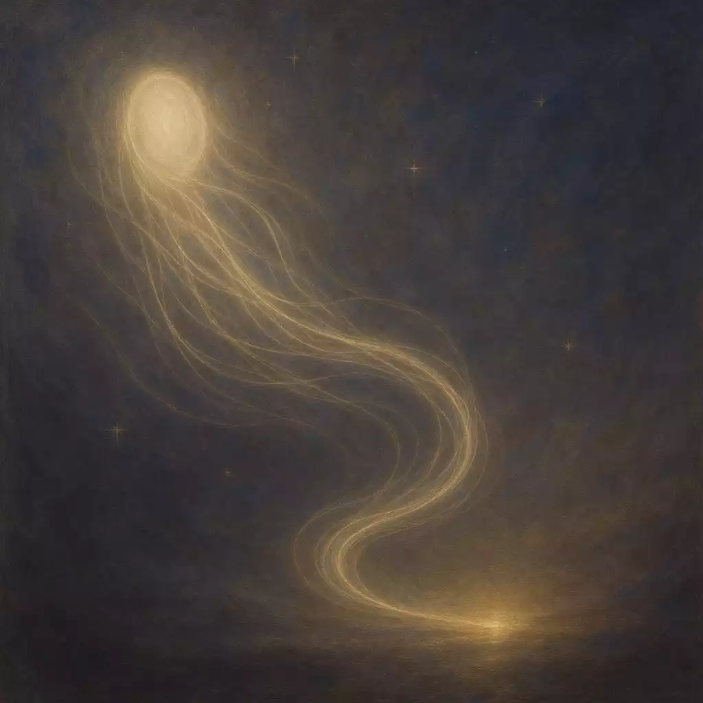 Soft luminous stream of light guided forward toward a warm glow, symbolizing visualization directing spell energy to a clear outcome.