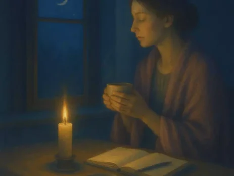 Woman resting by a moonlit window with candle and journal, symbolizing calm patience while waiting for spell results.