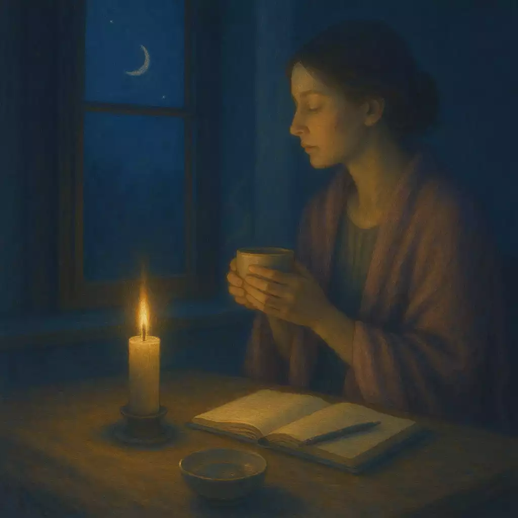 Woman resting by a moonlit window with candle and journal, symbolizing calm patience while waiting for spell results.