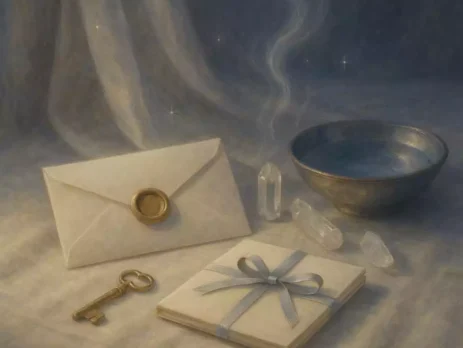 Wax-sealed envelope with key, crystals, and moonlit water, symbolizing spell secrecy protecting an intention while it unfolds.