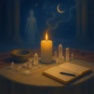 Moonlit altar with a steady candle, crystals, water bowl, and open journal, symbolizing enhanced spellwork through clarity and steadiness.