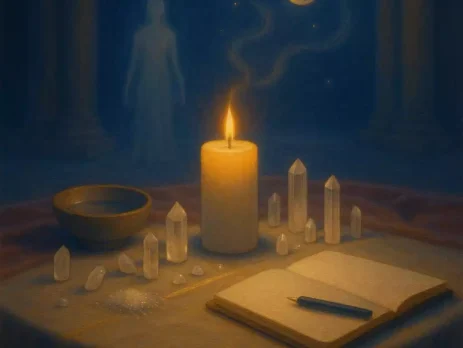 Moonlit altar with a steady candle, crystals, water bowl, and open journal, symbolizing enhanced spellwork through clarity and steadiness.