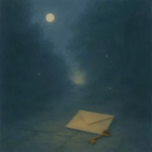 Moonlit stone path with a small envelope and key, symbolizing signs and openings that a spell is working.