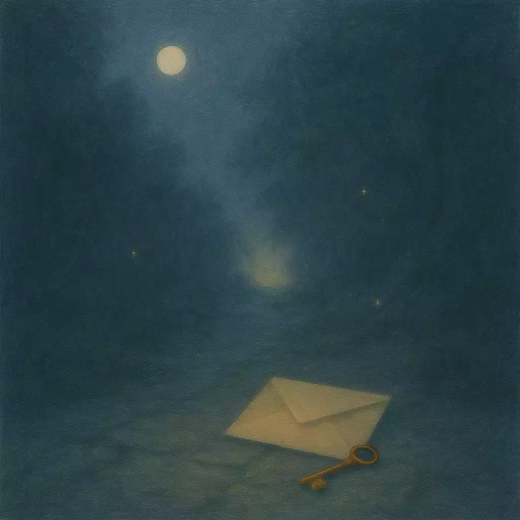 Moonlit stone path with a small envelope and key, symbolizing signs and openings that a spell is working.