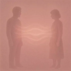 Emotional space remaining between two people after a breakup, symbolizing unresolved connection and emotional awareness without force or control.