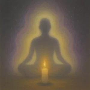 A human silhouette surrounded by a glowing, shifting aura with a candle nearby, symbolizing spiritual cleansing and energetic renewal.