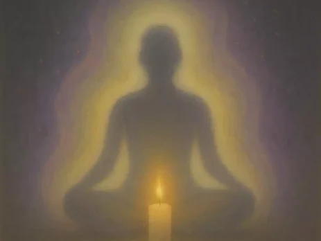 A human silhouette surrounded by a glowing, shifting aura with a candle nearby, symbolizing spiritual cleansing and energetic renewal.