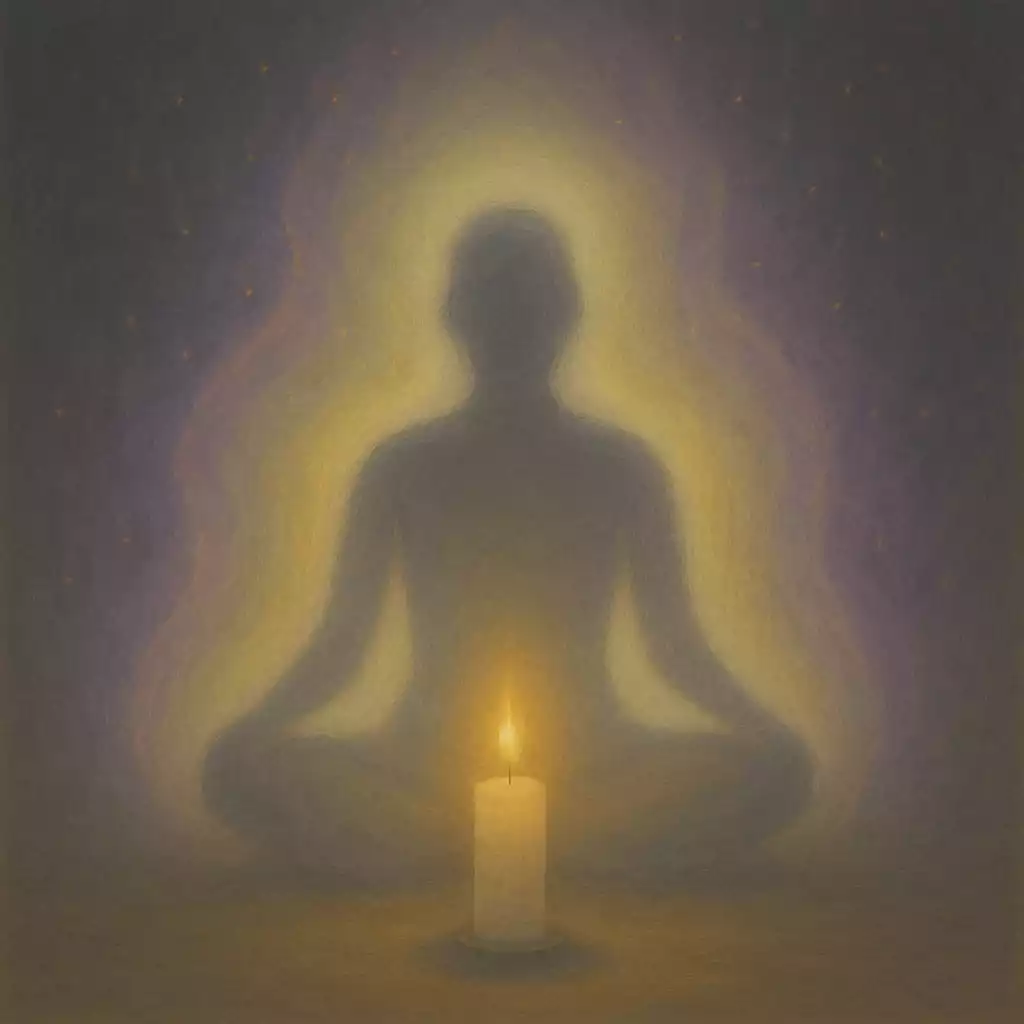 A human silhouette surrounded by a glowing, shifting aura with a candle nearby, symbolizing spiritual cleansing and energetic renewal.