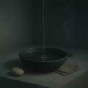 Shallow stone basin of dark water with a single controlled ripple and a thin thread of light stabilizing it.