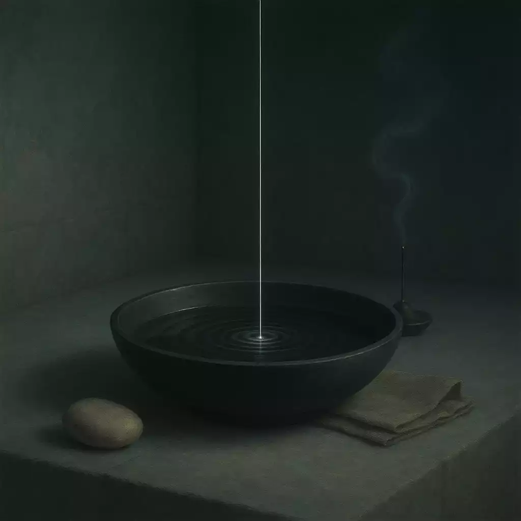 Shallow stone basin of dark water with a single controlled ripple and a thin thread of light stabilizing it.