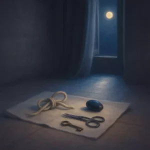 Moonlight on stone with a knotted cord, vintage scissors, a protective stone, and a key, symbolizing calm curse clearing and protection.