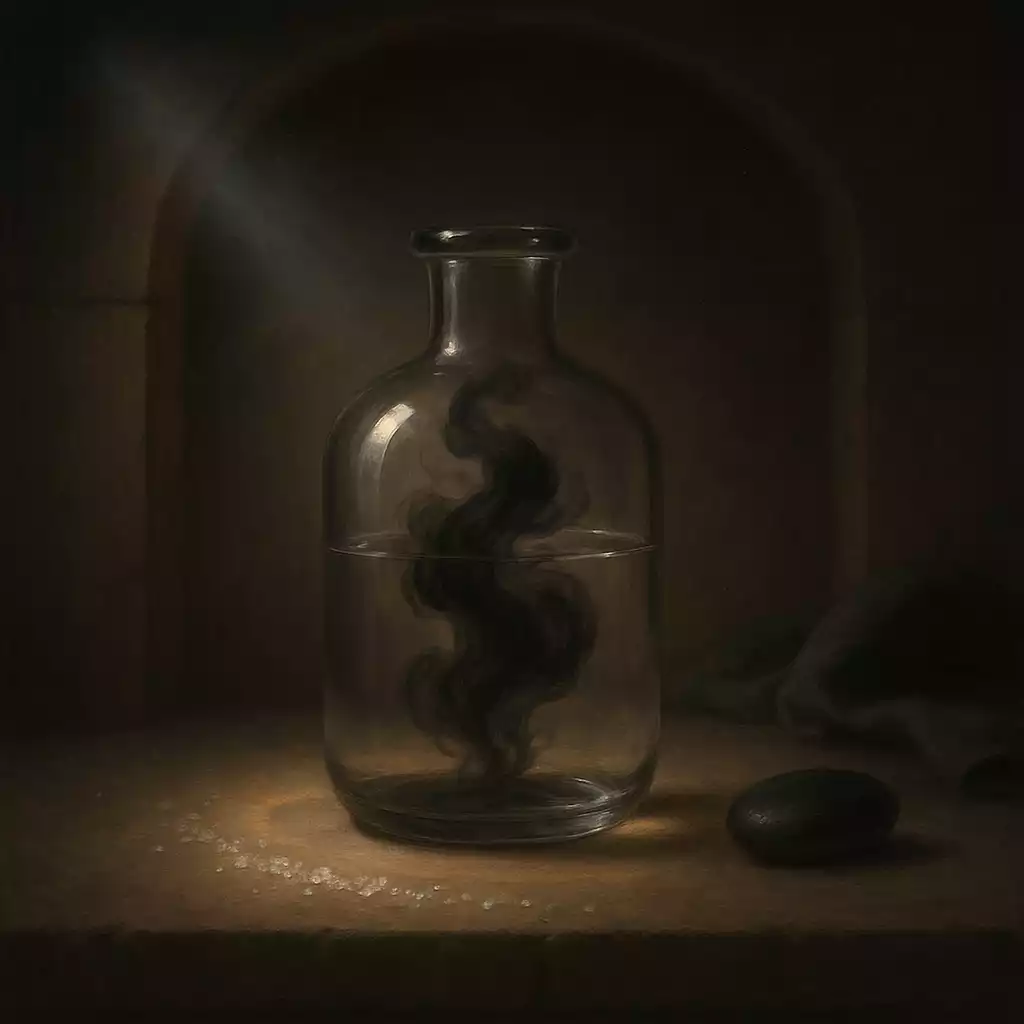 Glass vessel holding a softly swirling dark shadow, contained within a faint ring of light on stone.