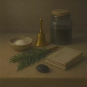 Salt, herbs, a bell, and a sealed jar on stone, symbolizing a calm clearing roadmap and protection.