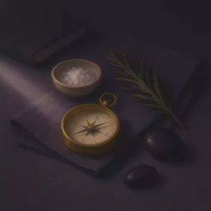 Moonlit brass compass with salt, rosemary, and a dark protective stone, symbolizing calm curse assessment.