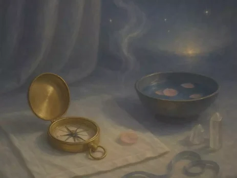 Brass compass beside moonlit water and crystals, symbolizing positive thinking as calm direction and steady alignment.