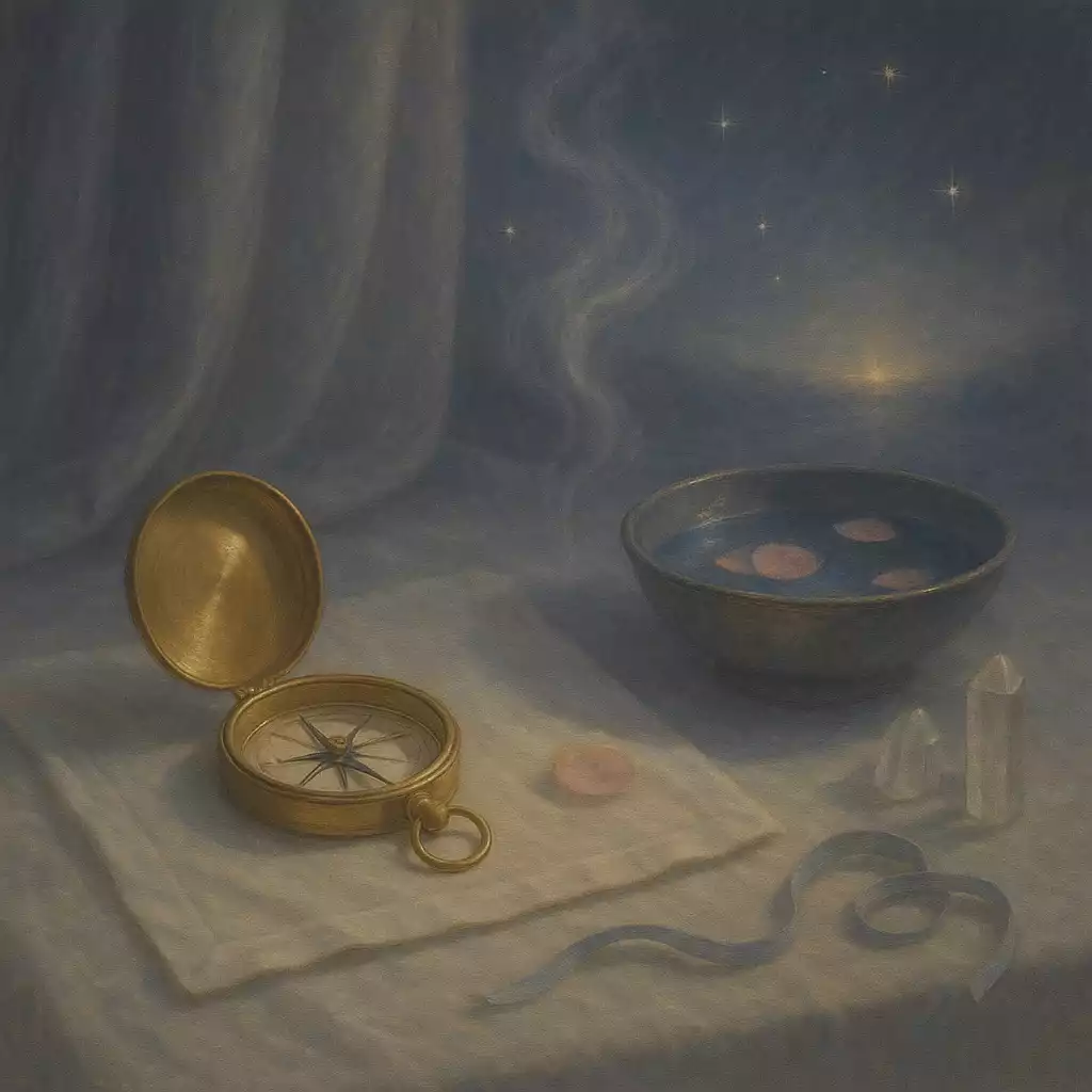 Brass compass beside moonlit water and crystals, symbolizing positive thinking as calm direction and steady alignment.