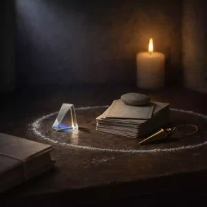 A clear glass prism beside stacked card backs and a resting pendulum, with a calm candle and closed journal in a stone alcove.