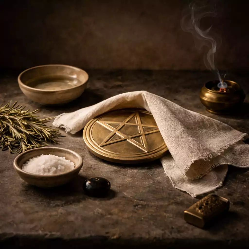 Pentacle disk with salt, water bowl, herbs, and incense smoke in a minimalist sacred setup