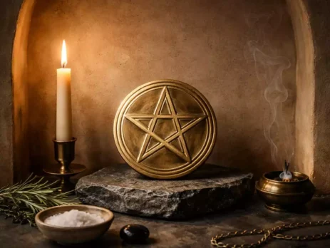 Brass pentacle disk in a warm plaster niche with candlelight and protective herbs