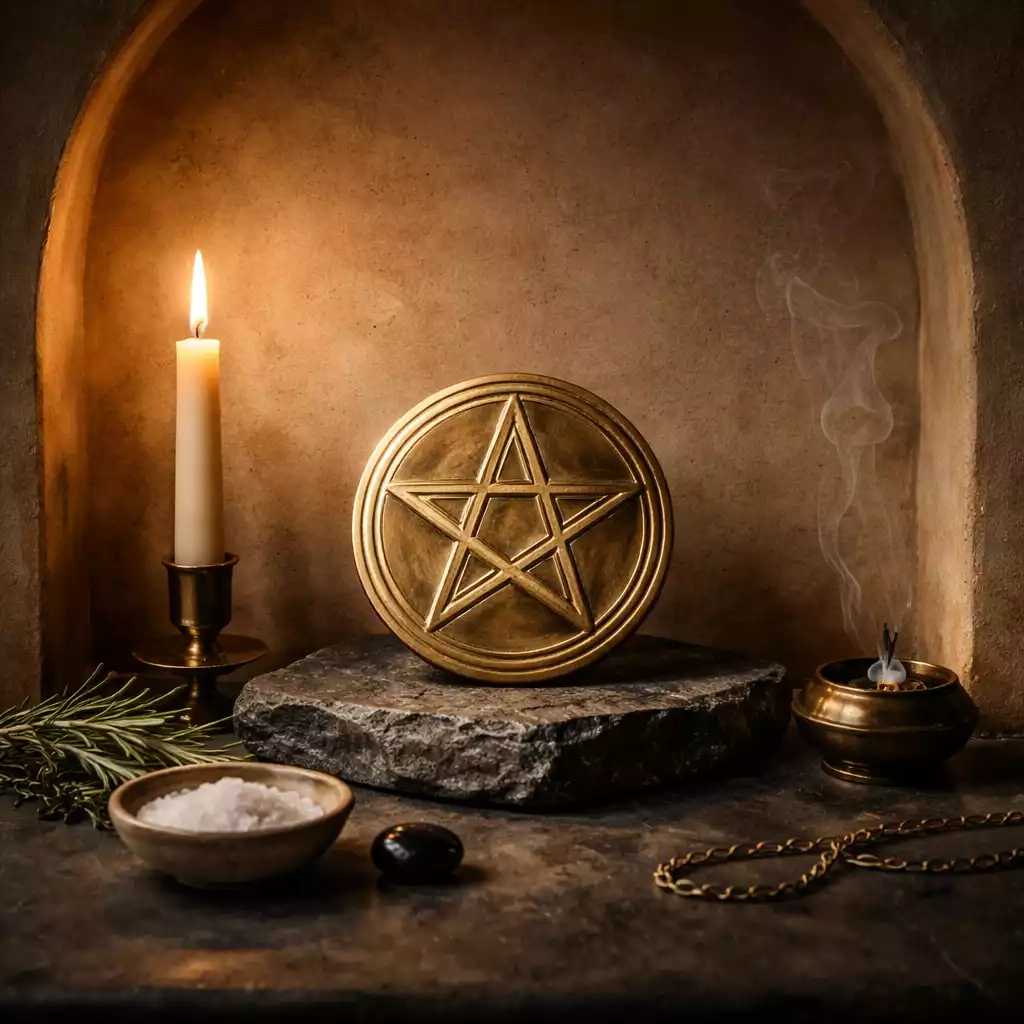 Brass pentacle disk in a warm plaster niche with candlelight and protective herbs