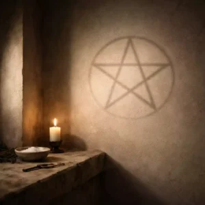 Soft pentagram shadow on a textured plaster wall with candlelight and negative space