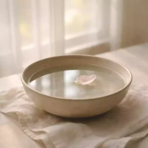 A shallow ceramic bowl of water with a single pale rose petal floating, lit by soft daylight near a window.